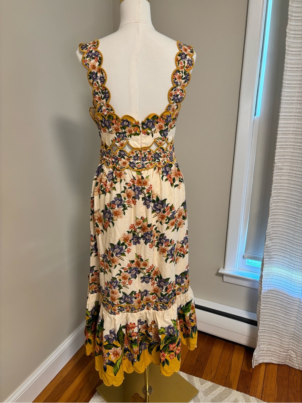 NWT Farm Rio Hilo Stripes Sand Floral Scalloped Midi Dress Small Pockets Linen - Picture 4 of 12